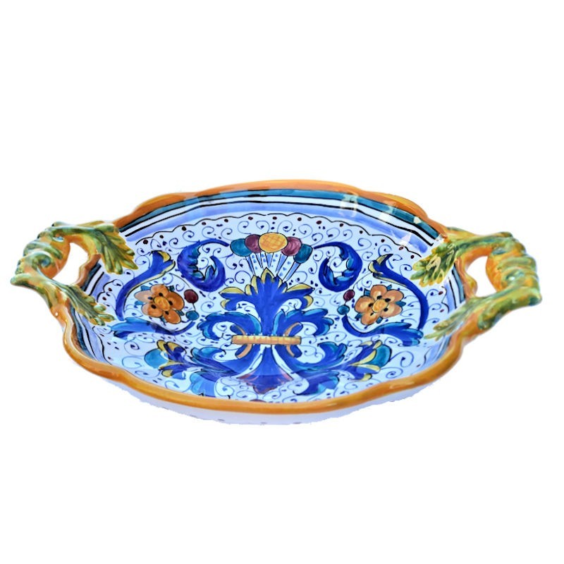 Centrotavola fruttiera ceramica maiolica Deruta dipinto a mano decoro Ricco Deruta Giallo Cm 33