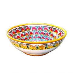Ciotola ceramica maiolica Deruta penne pavone rosso