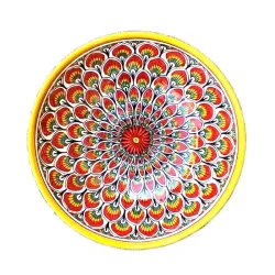 Salad bowl majolica ceramic Deruta red peacock feathers