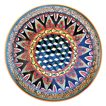 Wall plate majolica ceramic Deruta geometric cubes