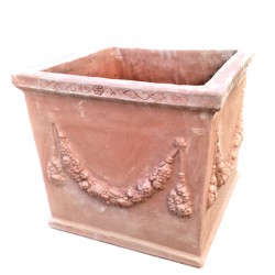 Vaso quadrato terracotta festone lavorato a mano