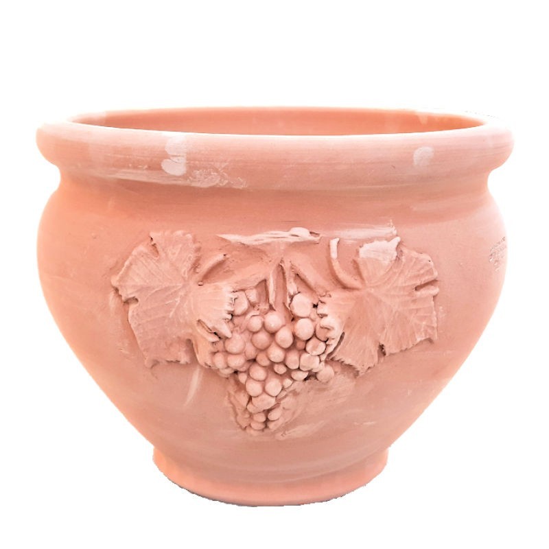 Fioriera tonda terracotta grappolo uva e foglie lavorata a mano Fioriera tonda terracotta grappolo uva e foglie lavorata a mano