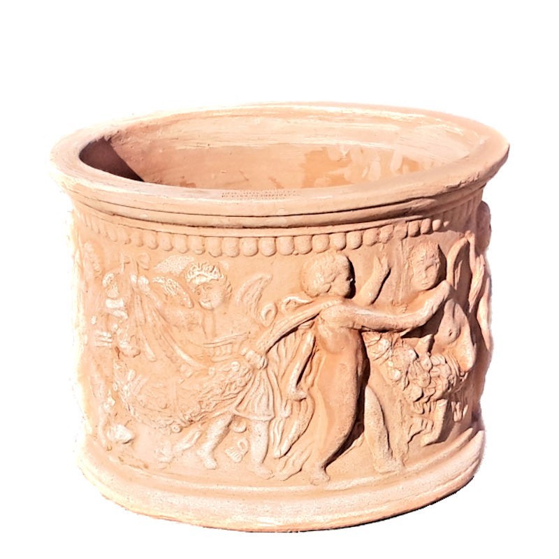 Cylindrical terracotta vase with putti cm 40 handmade