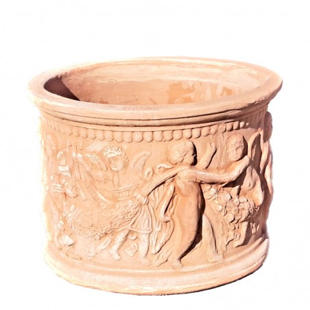 Cylindrical terracotta vase with putti cm 40 handmade