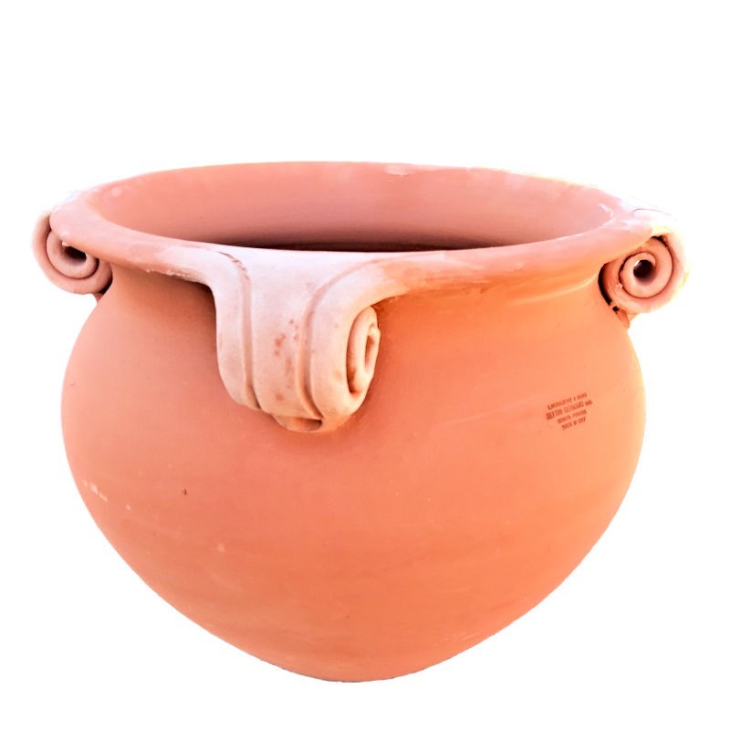 Big round terracotta planter with perforated curls handmade