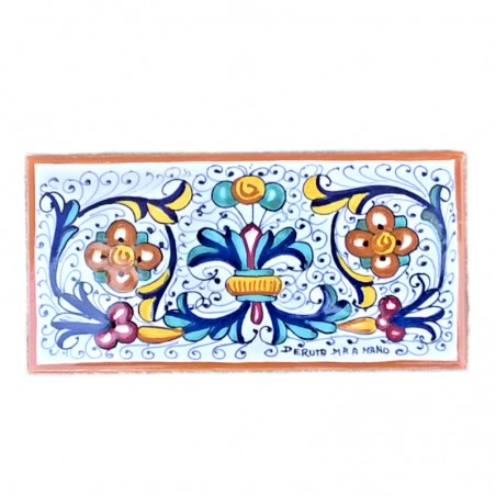Mattonella listello ceramica maiolica Deruta dipinta a mano decoro ricco Deruta giallo rettangolare