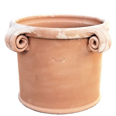 Cylindrical terracotta vase with perforated curls handmade