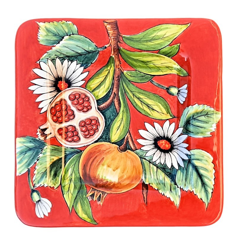 Square wall plate majolica ceramic Deruta pomegranate Square wall plate majolica ceramic Deruta pomegranate