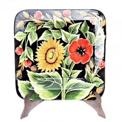 Square wall plate majolica ceramic Deruta sunflower black