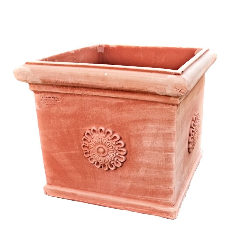 Square cube terracotta vase with rosette handmade Square cube terracotta vase with rosette handmade