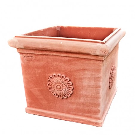 Vaso quadrato cubo terracotta rosone lavorato a mano
