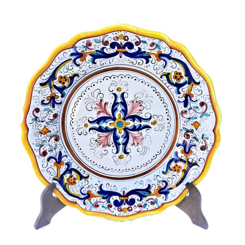 Piatto tavola smerlato ceramica maiolica Deruta ricco Deruta giallo centrino Piatto tavola smerlato ceramica maiolica Deruta ricco Deruta giallo centrino