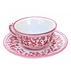 Tazza te con piatto ceramica maiolica Deruta arabesco rosso