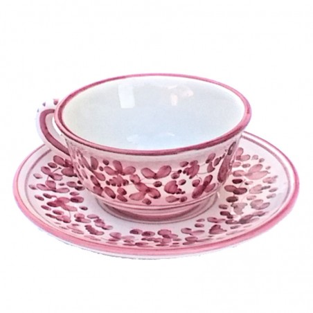Tazza te con piatto ceramica maiolica Deruta arabesco rosso