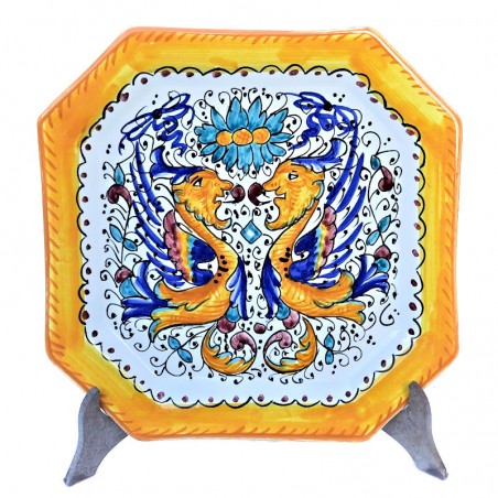 Octagonal table plate majolica ceramic Deruta raphaelesque
