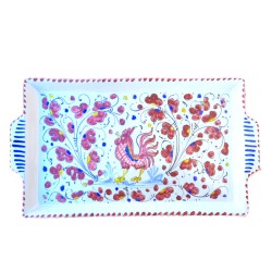 Rectangular tray majolica ceramic Deruta red rooster Orvietano