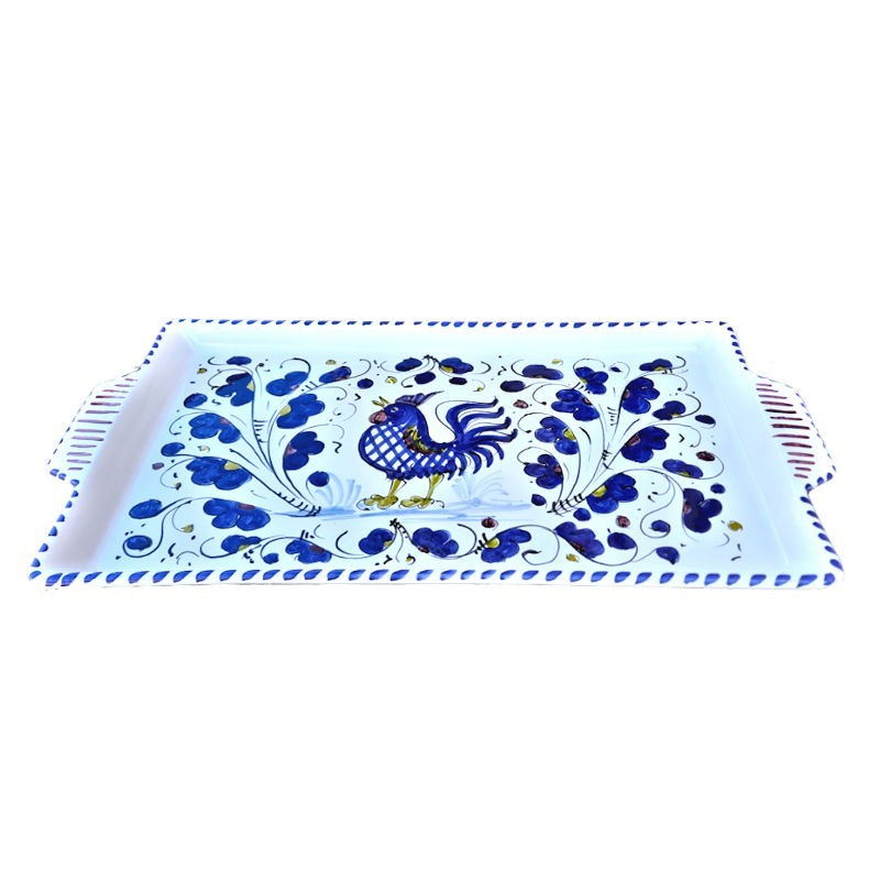 Vassoio rettangolare ceramica maiolica Deruta gallo blu Orvietano Vassoio rettangolare ceramica maiolica Deruta gallo blu Orvietano