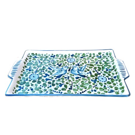 Rectangular tray majolica ceramic Deruta green arabesque