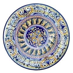 Wall plate majolica ceramic Deruta geometric yellow band