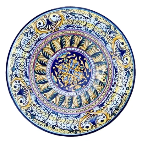 Wall plate majolica ceramic Deruta geometric yellow band