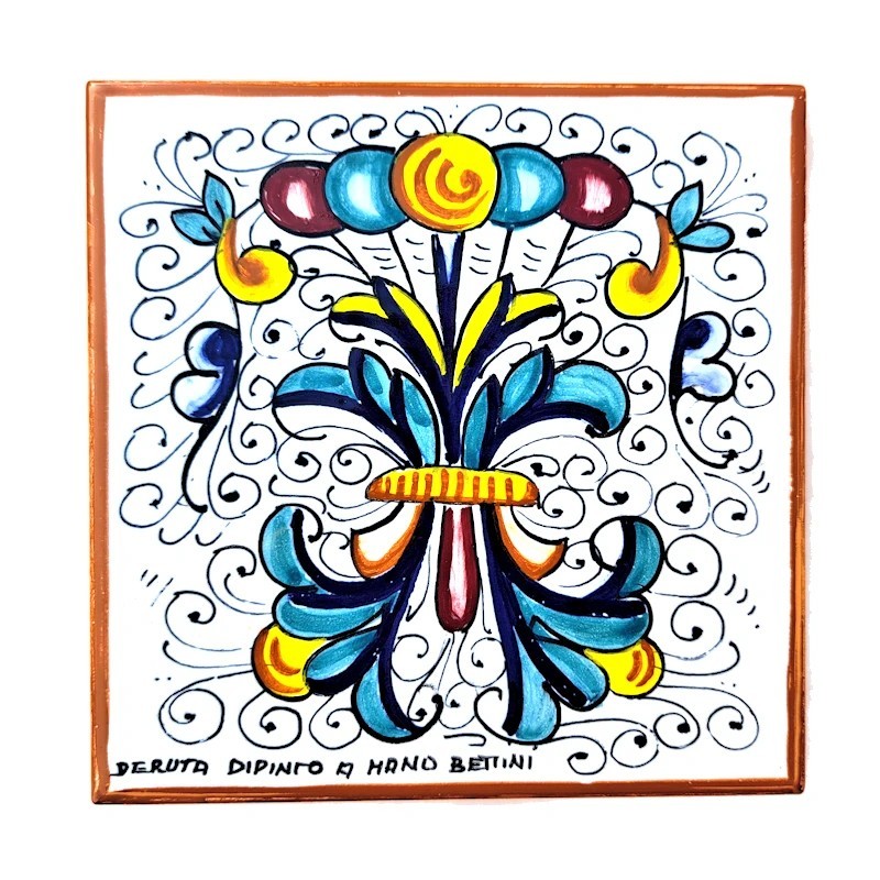 Mattonella ceramica maiolica Deruta dipinta a mano decoro ricco Deruta giallo quadrata
