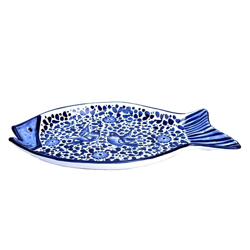 Piatto pesce da portata ceramica maiolica Deruta arabesco blu
