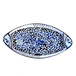 Fish serving oval plate majolica ceramic Deruta blue arabesque