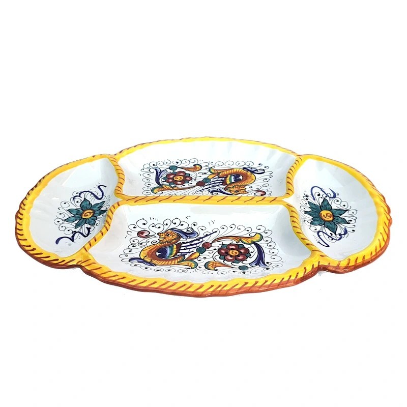 Oval baroque appetizer tray 4 compartments majolica ceramic Deruta raphaelesque Oval baroque appetizer tray 4 compartments majolica ceramic Deruta raphaelesque