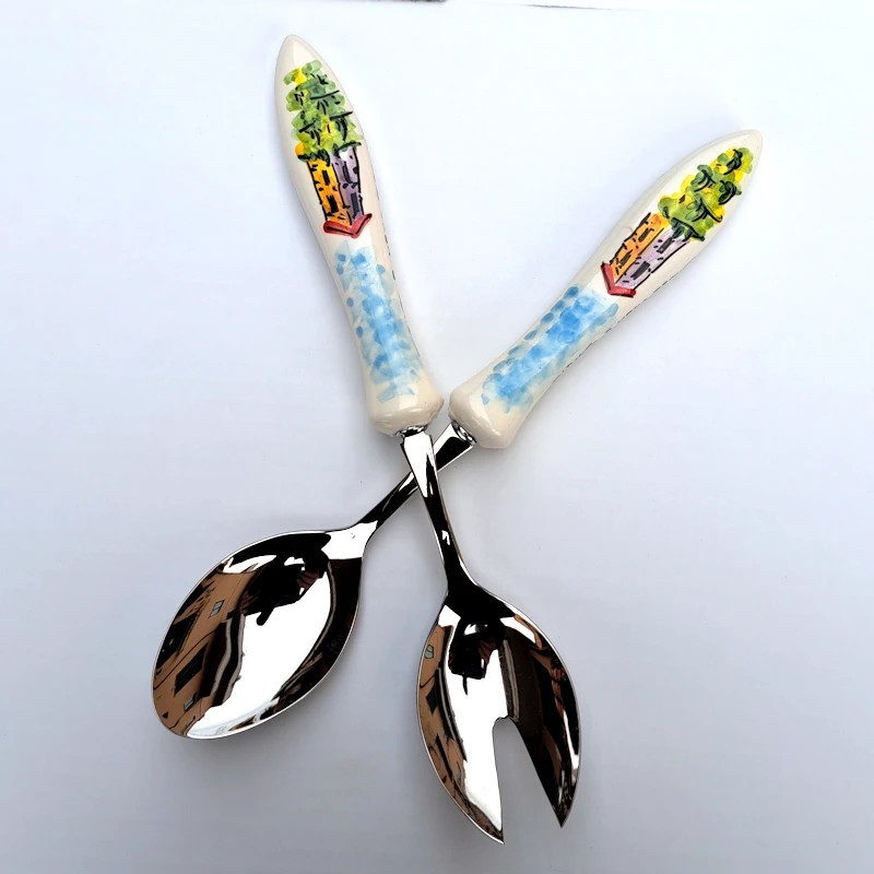 Pair of salad cutlery ceramic steel majolica Deruta landscape Pair of salad cutlery ceramic steel majolica Deruta landscape