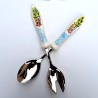 Pair of salad cutlery ceramic steel majolica Deruta landscape