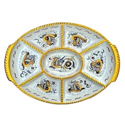Antipastiera ovale 7 scomparti con manici ceramica maiolica Deruta raffaellesco