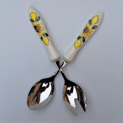 Pair of salad cutlery ceramic steel majolica Deruta lemons sunflower