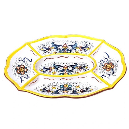 Oval appetizer tray 5 compartments majolica ceramic Deruta rich Deruta yellow